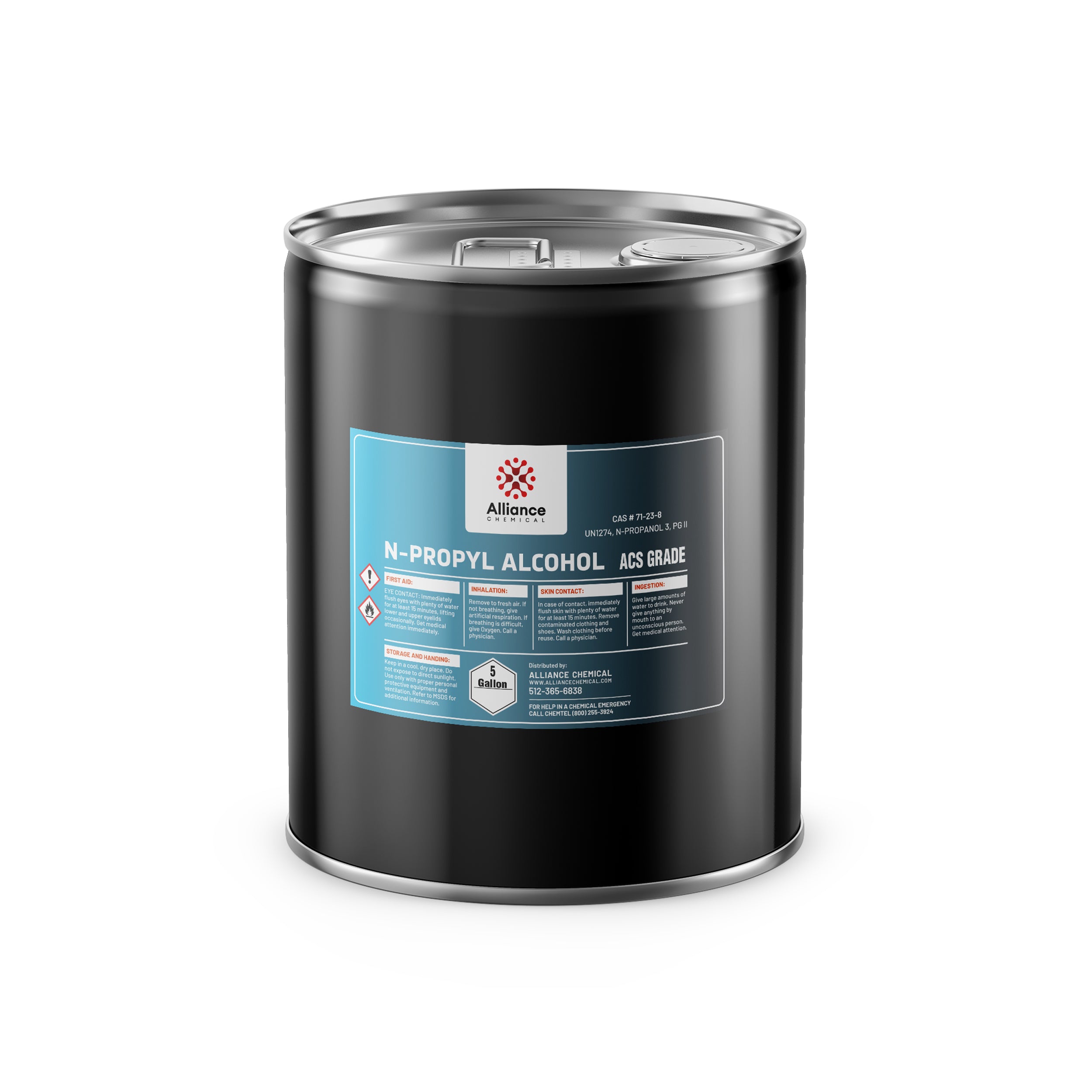 5-gallon black steel drum of ACS-grade N-Propyl Alcohol by Alliance Chemical, featuring flammability warning symbols and blue safety labeling on industrial container.